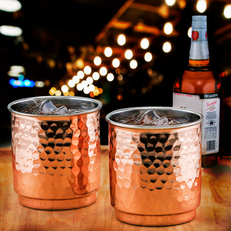 Hammered Copper + Stainless Steel Whiskey Tumblers // Set of 4