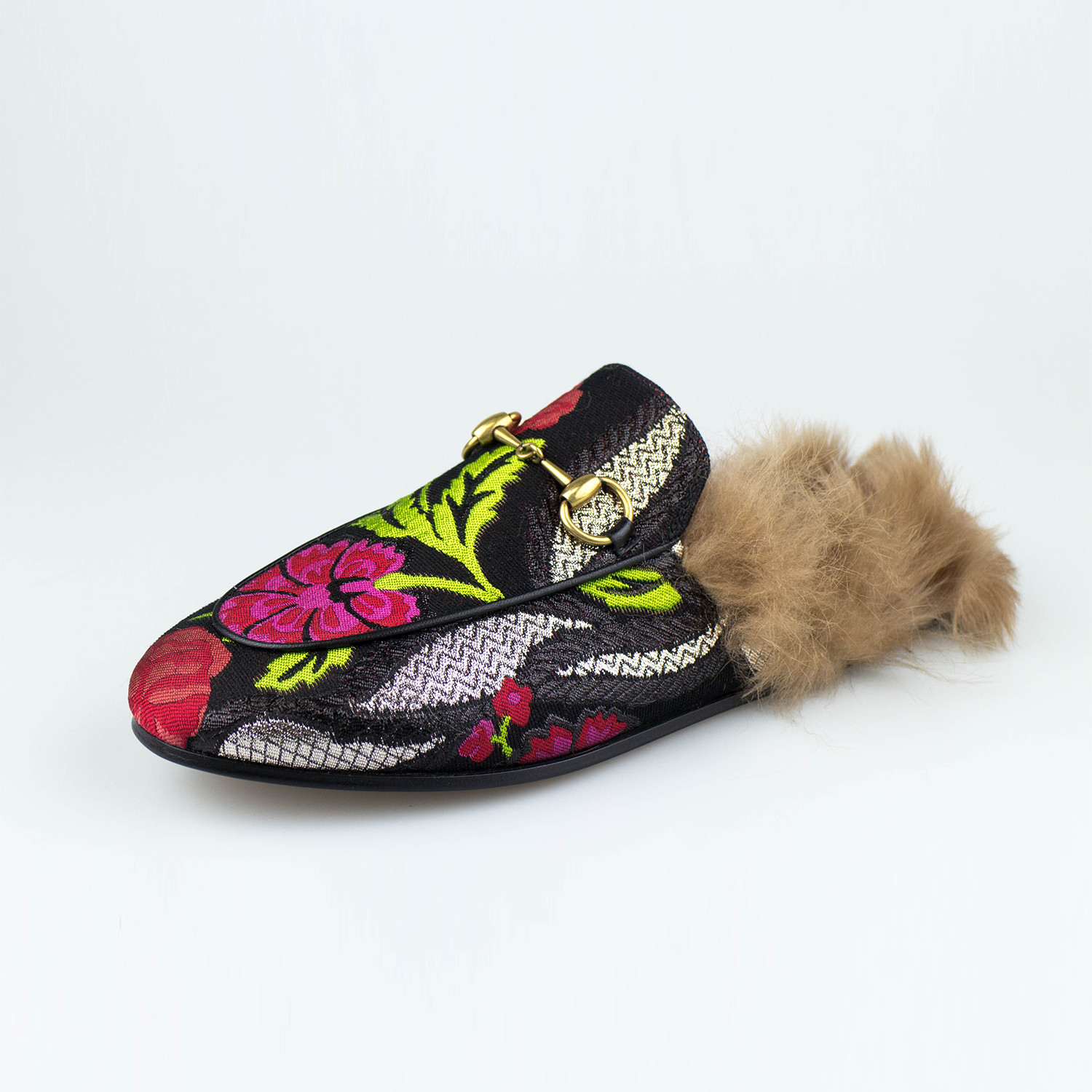 Gucci 'Princetown' Floral Brocade Leather Fur Mules // Multi-color ...