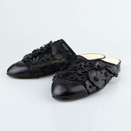 Chanel Leather Camellia Flower Cap Toe Mules // Black (Euro: 38.5