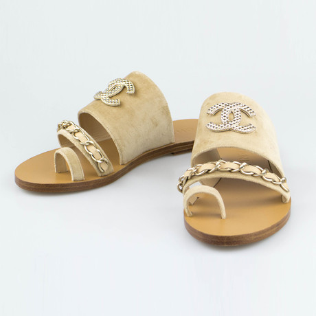 Chanel Velvet + Leather Sandals Mules // Beige (Euro: 36.5) - The
