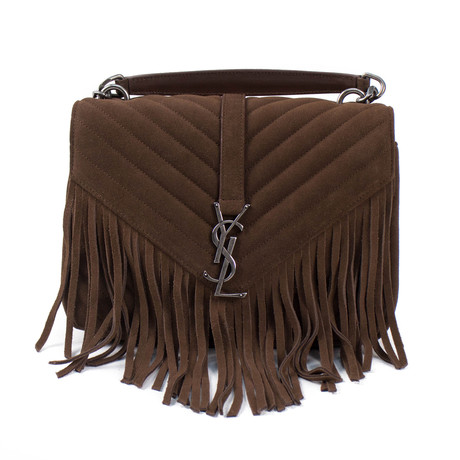 Saint Laurent College Medium Chain Bag In Light Suede With Fringes