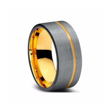 Brushed Silver and Gold Plated Striped Tungsten Ring (Size 8.5)