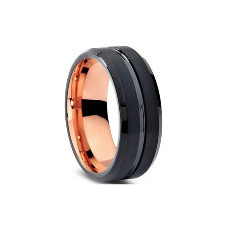 Gunmetal Black Grooved and Rose Gold Plated Tungsten Ring (Size 8)