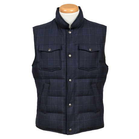 Plaid Wool Blend Vest // Navy Blue (XS)