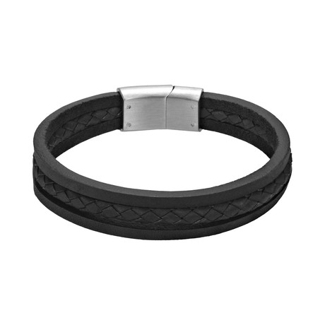 Triple Strand Black Leather Bracelet (7.5"L)