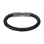 8mm Steel Black Leather Bracelet (8"L)