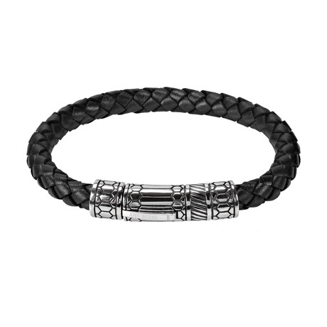 8mm Steel Black Leather Bracelet (8"L)