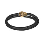 Skull Leather Wrap Bracelet // Black + Gold (7.5"L)