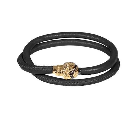 Skull Leather Wrap Bracelet // Black + Gold (7.5"L)