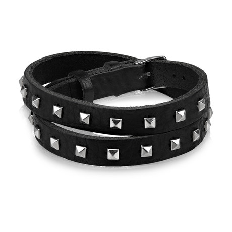 Black Leather Steel Studs Wrap Bracelet