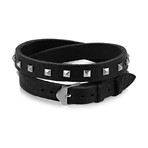 Black Leather Steel Studs Wrap Bracelet