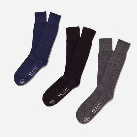 Custom Aran Knit Pattern Sock // Set of 3 // Charcoal Heather + Black + Navy