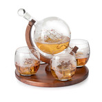 Etched World Whiskey Decanter // Whiskey Stones // 4 World Map Glasses