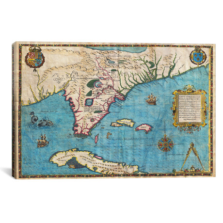 Map of Florida & Cuba (1588) // Jacques le Moyne de Morgues (40"W x 26"H x 1.5"D)