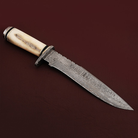 Damascus Steel Bowie Knife // Camel Bone Handle + Bull Horn Spacers