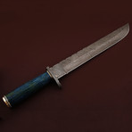 Damascus Steel Bushcraft Knife + Leather Sheath // Blue Resin Micarta Handle