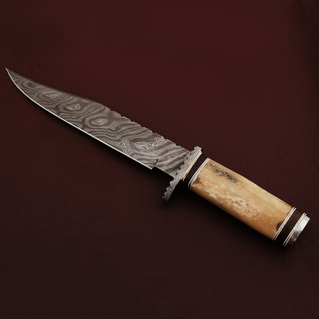 Damascus Steel Bowie Knife // Camel Bone Handle +Micarta Spacers