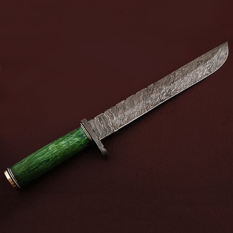 Damascus Steel Bushcraft Knife + Leather Sheath // Green Resin Micarta Handle