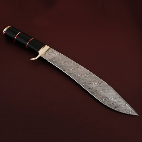 Damascus Steel Bowie Knife + Leather Sheath // Bull Horn Handle