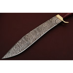 Damascus Steel Bowie Knife + Leather Sheath // Corian Sheet Handle + Brass Spacers