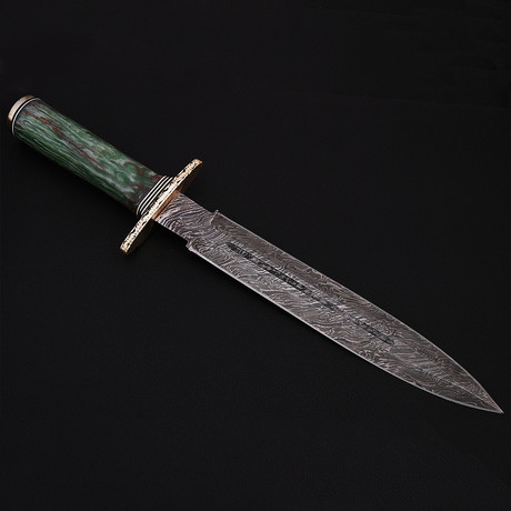 Damascus Steel Sword + Leather Sheath // Green Resin Micarta Handle