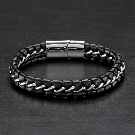 Leather Braided Bracelet + Curb Chain // Black