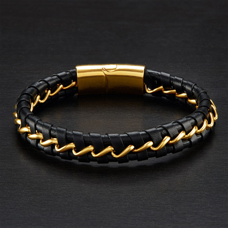 Leather Braided Bracelet + Curb Chain // Gold