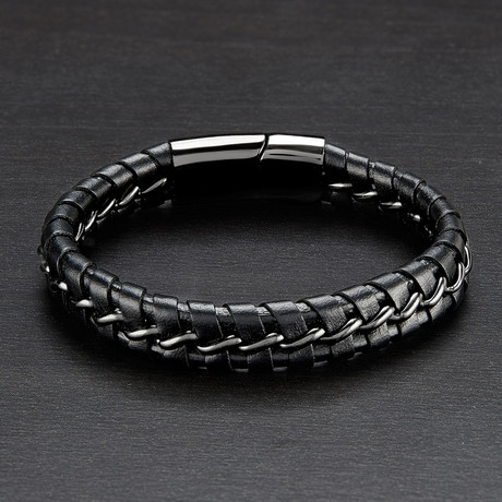 Leather Braided Bracelet + Curb Chain // Gunmetal