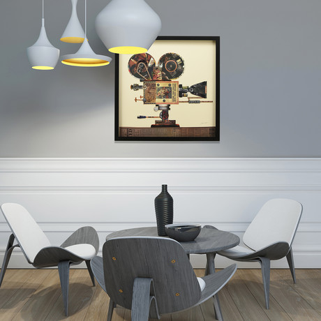 "Antique Film Projector" Dimensional Graphic Collage Framed Under Tempered Glass Wall Art