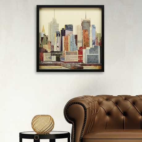 "New York City Skyline II" Dimensional Graphic Collage Framed Under Glass Wall Art