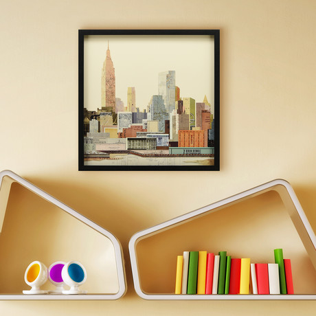 "New York City Skyline III" Dimensional Graphic Collage Framed Under Glass Wall Art