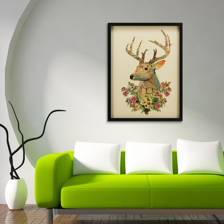 "Mrs. Deer" Dimensional Graphic Collage Framed Under Tempered Glass Wall Art