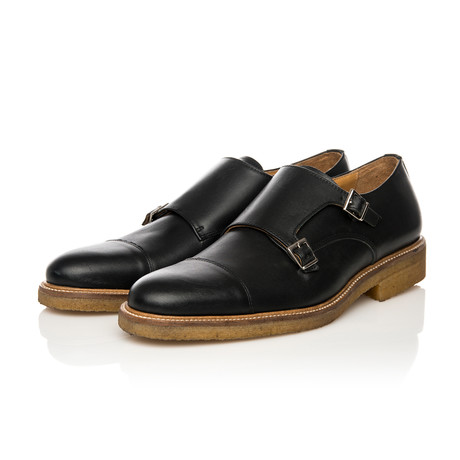 Crepe Sole Double Monk-Strap Shoes // Black (Euro: 40)