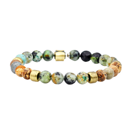 Jasper + African Turquoise Bead Bracelet // Tan + Green + Gold