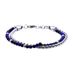 Lapis Lazuli Round Box Link Double Strand Bead Bracelet // Blue + Silver