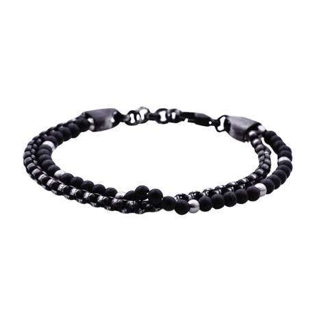 Onyx Round Box Link Double Strand Bead Bracelet // Black