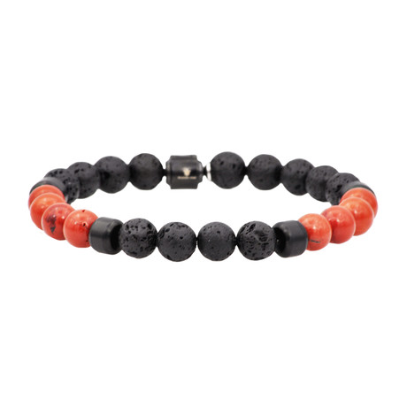 Lava Stone + Fossil Bead Bracelet // Red + Charcoal