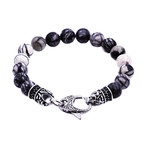 Jasper Bead Bracelet Lobster Clasp // Black + White + Silver
