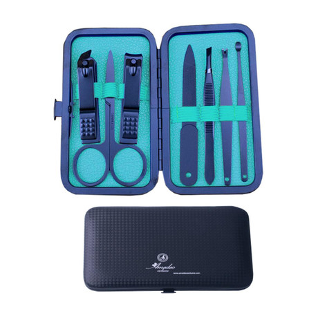 7-Piece Manicure + Pedicure Set // Black Gunmetal Chrome + Light Blue Lining + Black Matte Leather Case