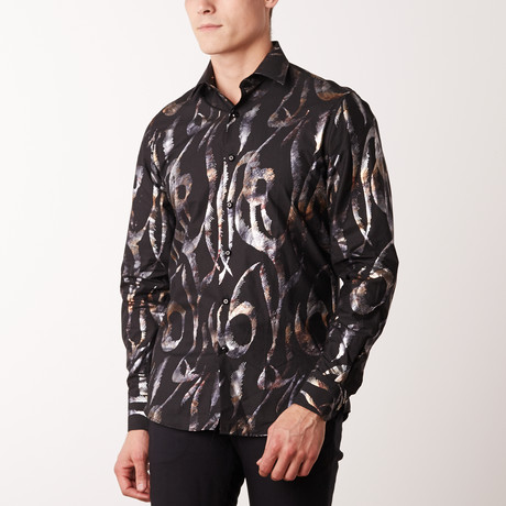 Slim-Fit Printed Abstract Lines Dress Shirt // Black (S)