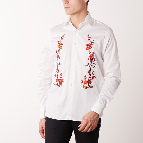 Slim-Fit Printed Flower Dress Shirt // White (S)