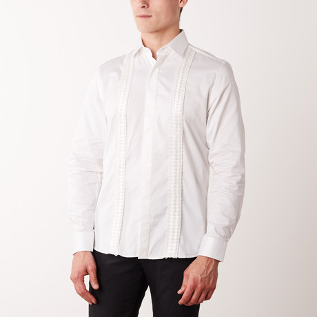 Slim-Fit Printed Vertical Lines Dress Shirt // White (S)