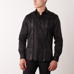 Slim-Fit Printed Vertical Lines Dress Shirt // Black (L)