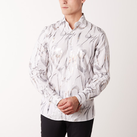 Slim-Fit Printed Abstract Lines Dress Shirt // White (S)