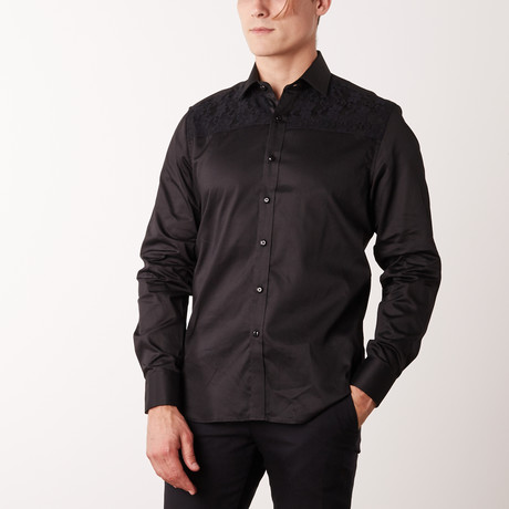 Slim-Fit Printed Dress Shirt + Lace Overlay // Black (S)