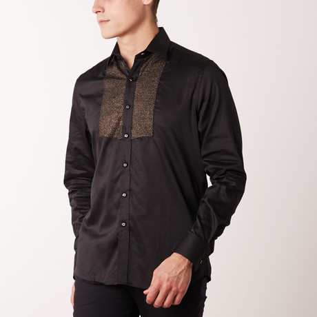Slim-Fit Printed Dress Shirt + Detail // Black (S)