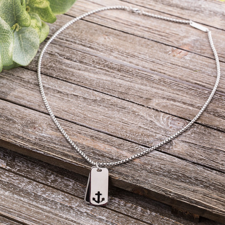 Leather Dog Tag + Anchor Necklace // Black + Silver