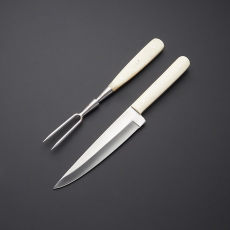 Stainless Steel Carving Fork + Knife Set A // Camel Bone Handle