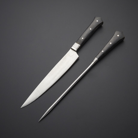 Stainless Steel Carving Fork + Knife // Long Bull Horn Handle