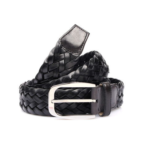 Round Buckle Woven Leather Belt // Black (110 cm // 40" Waist)